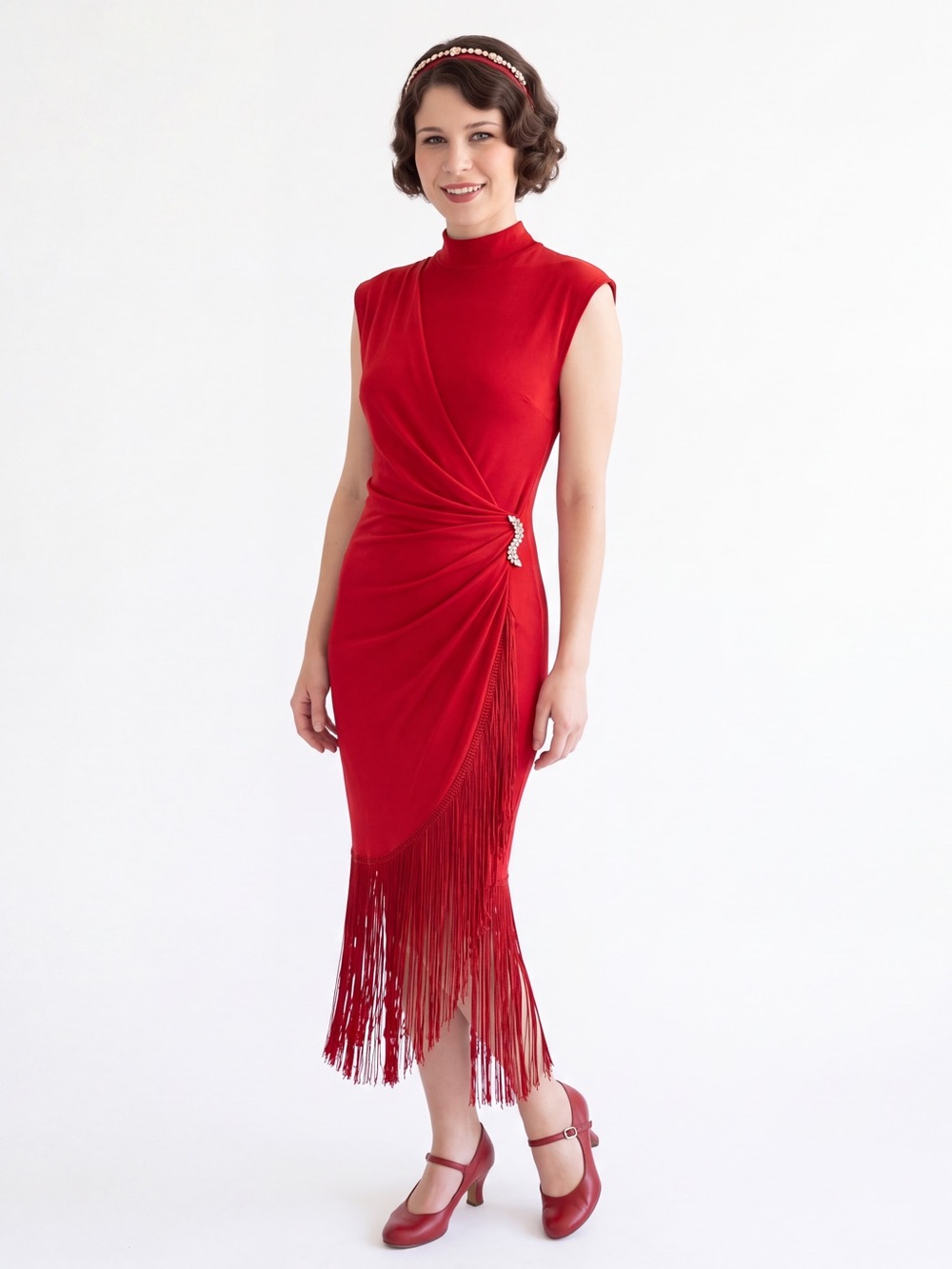 Vintage Asymmetric Wrap Fringe 20s Flapper Costume Gatsby cocktail Midi Dress